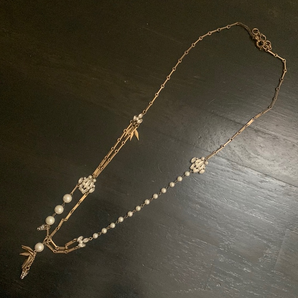 Vintage inspired long party necklace with pearls, crystals, dangles.